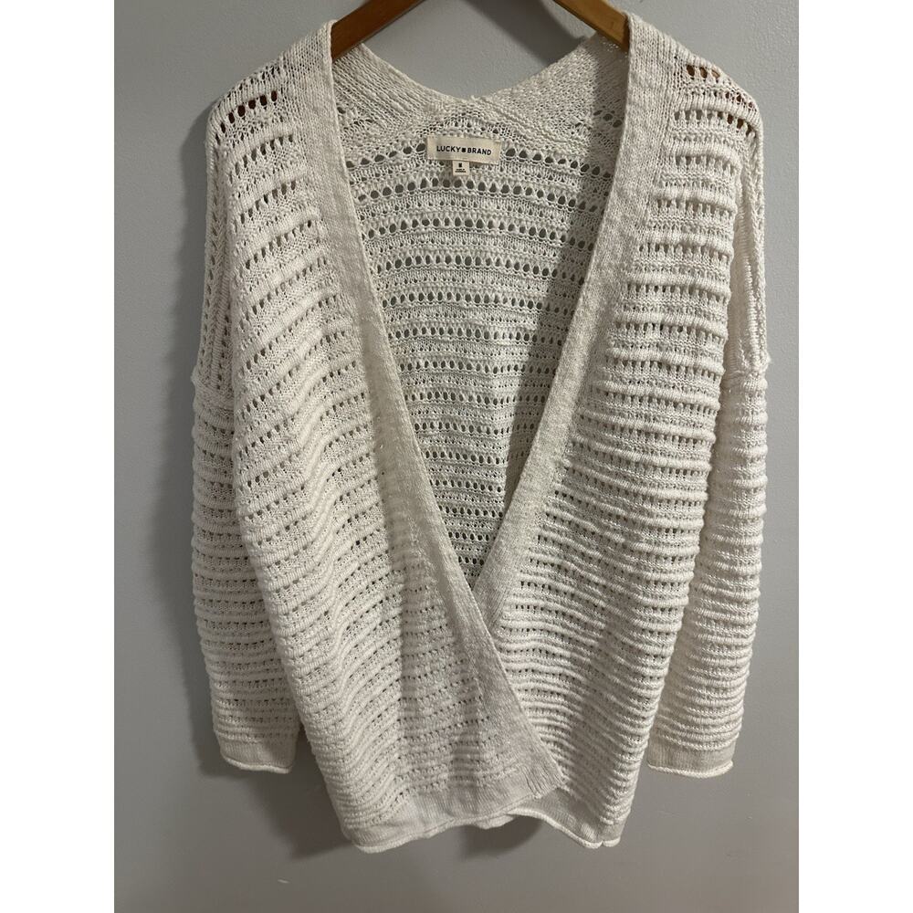 Lucky Brand Cardigan Women Medium Ivory Open Knit Boho Lightweight Layer M Midi